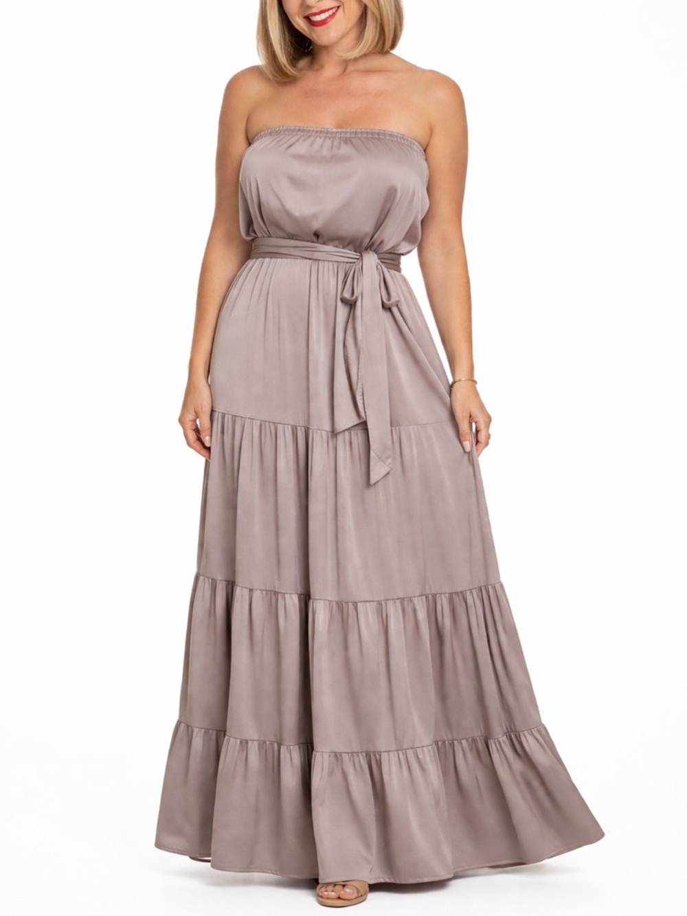 Strapless Silky Soft Maxi Dress Taupe Tiered Belted Medium